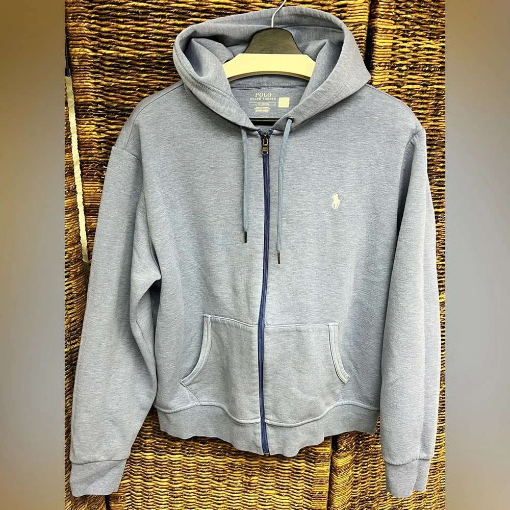 Polo by Ralph Lauren Blue Double Knit Full Zip-Up Hooded Sweatshirt-Large